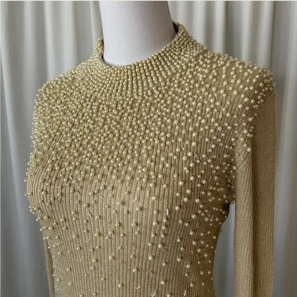Vintage Silk Belldini Pearl Embellished Metallic Ribbed Mock neck sweater large - Picture 4 of 8